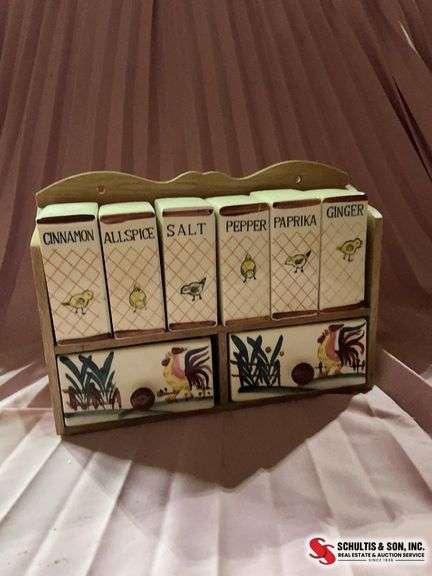 Vintage ceramic spice rack set with wooden rack