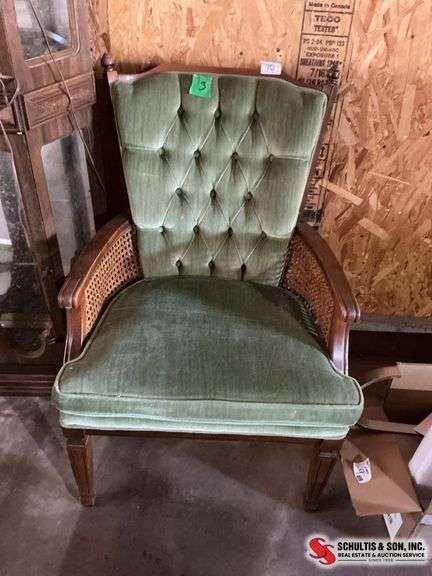 Victorian like velvety  chair, upholstery, wicker sides,