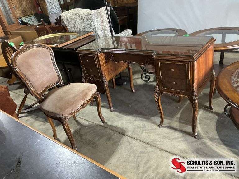 large mahogany writing desk ￼with a Louis XVI style desk chair