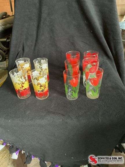4 libbey morning glory floral design glasses - 4 red tulip tumblers - 2 anchor hocking red Poppy