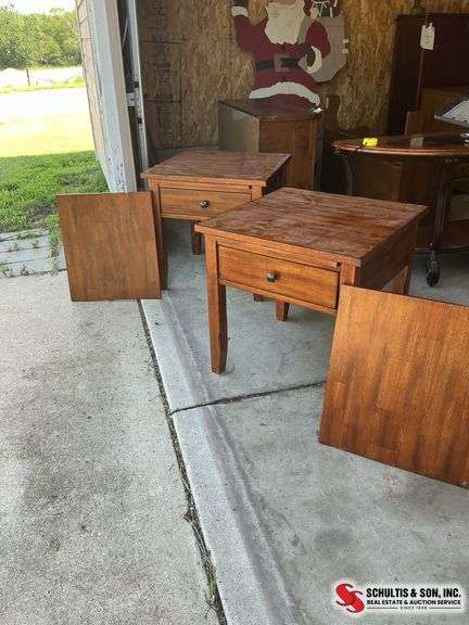 rustic end tables with a shelf on the bottom ￼