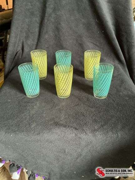 Hazel Atlas blue and yellow swirl striped tumblers 
