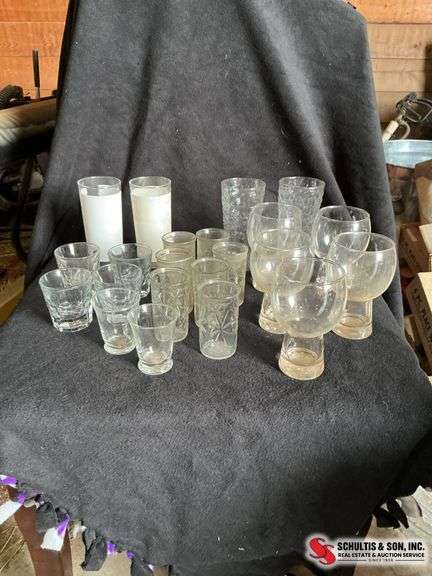 glass goblets - juice glasses- anchor hockey shot glasses-  white tumbler glasses 