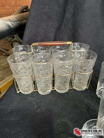 H monogram drinking glasses-  clear striped juice glasses-  caddy with eight Alexandria glasses