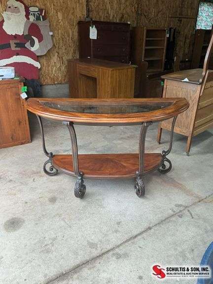 wood console table with a partial glass top in very good condition ￼(49”W X 19”D X 27”D)