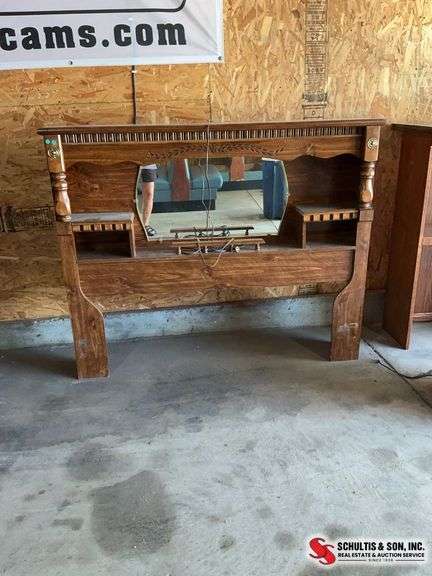 Nice headboard for a queen size bed with a mirror on it and three shelves ￼(63”W X 10”D X 51.5”H)