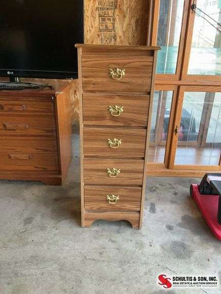 Faux wood 5 drawer dresser (16” W X 15”D X 43”H)