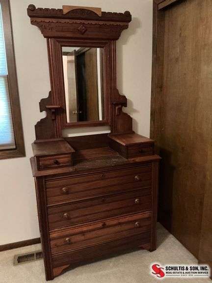 Antique Wood Dresser With Mirror