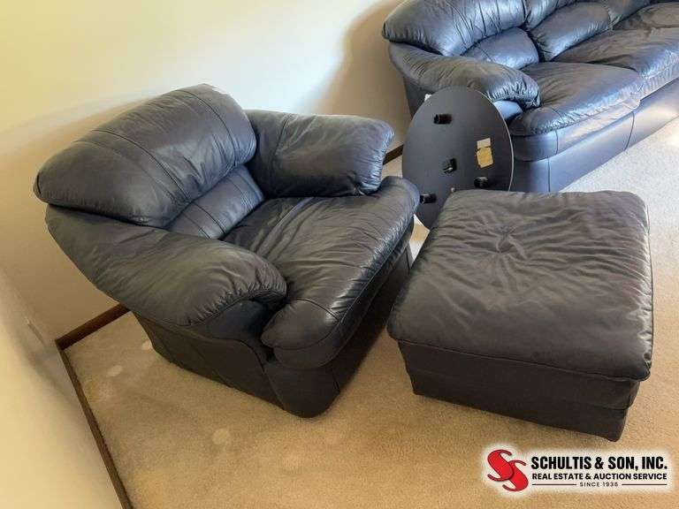 Dark Blue Leather Armchair and ottoman