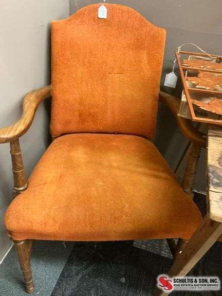 Wood Armchair with Orange Upholstery