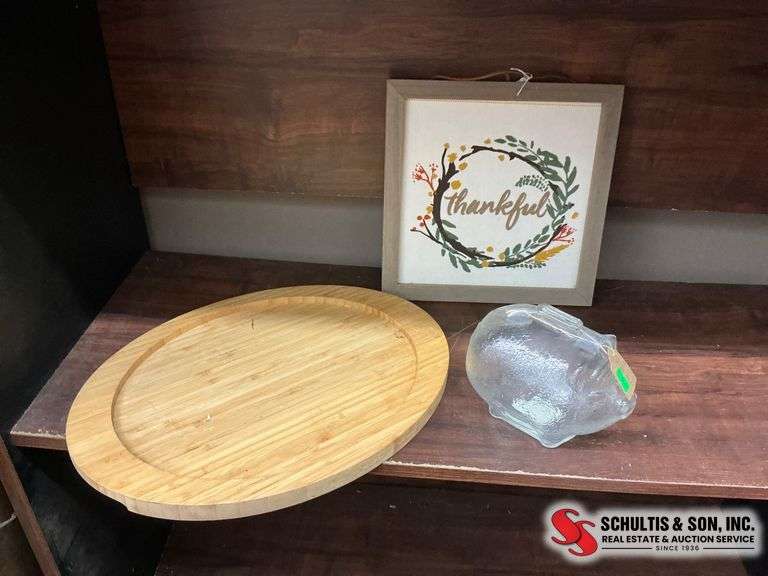 Wood Tray, Glass Piggy Bank, and Wall Decor