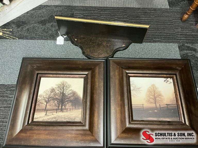 Two Framed Prints and Shelf