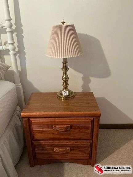 Oak Two-Drawer Nightstand and Lamp