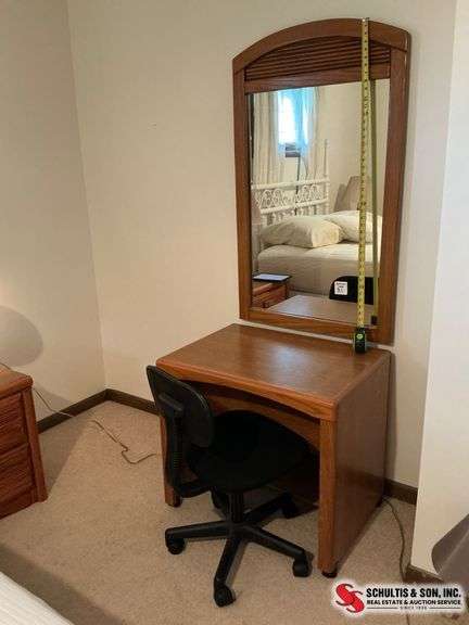 Wood Desk with Mirror and Chair