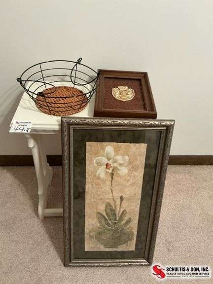 Framed Art, Wire Basket, Plaque, and Side Table