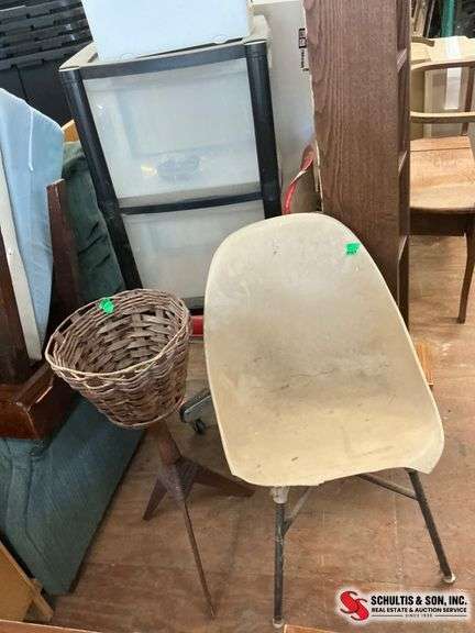 Plastic Chair and Woven Basket Stand