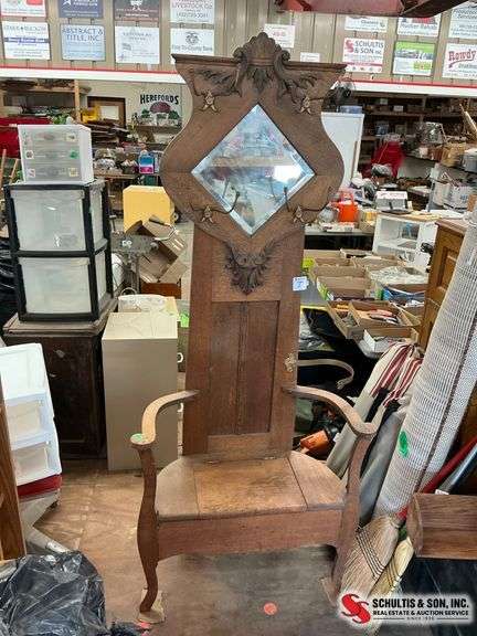 Oak Hall Tree Chair with Mirror