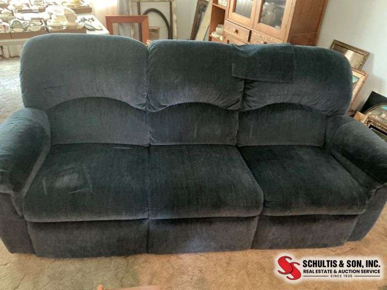 Blue Upholstered Reclining Sofa