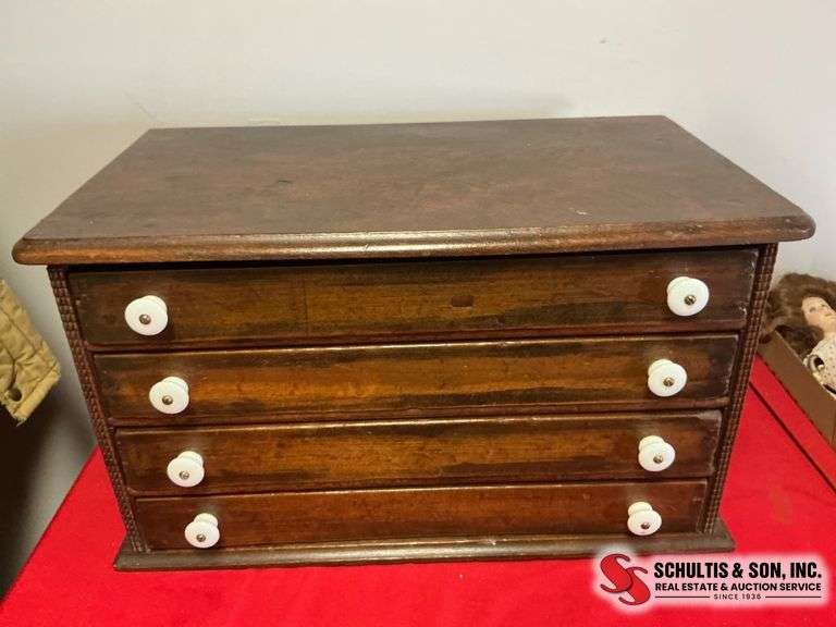 Antique Spool Wood Four-Drawer Chest