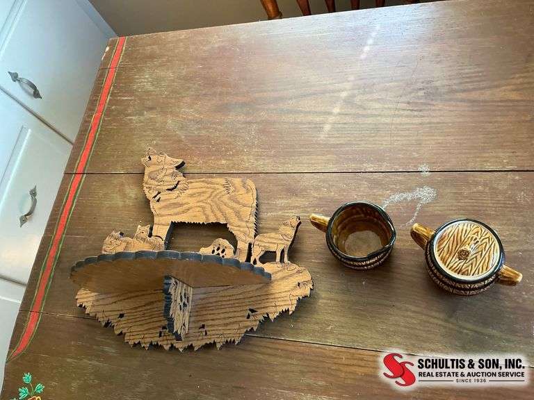 Wooden Wolf Wall Shelf and Ceramic Sugar and Creamer Set