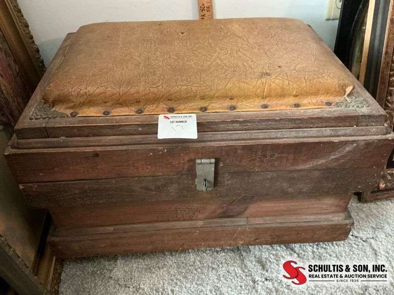 Antique Wood Storage Chest with Upholstered Top