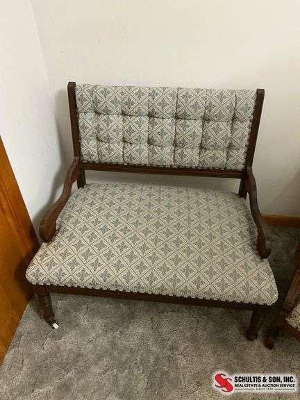 Antique Wood-Framed Upholstered Bench