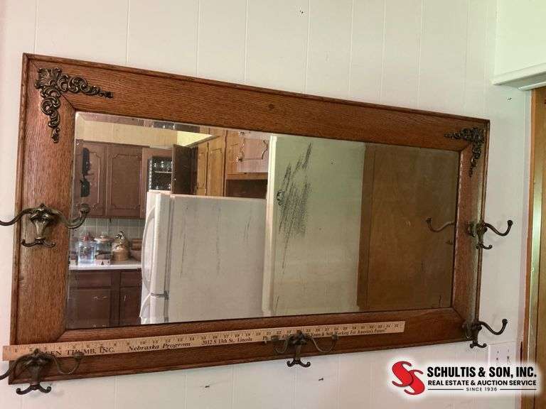 Oak Framed Mirror with Hooks