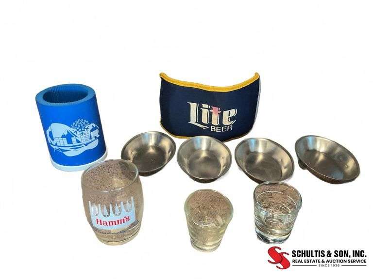 Beer Glasses, Koozies, and Metal Bowls Lot