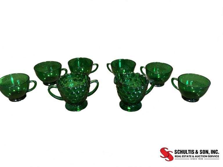 Green Glass Cups and Sugar Bowls