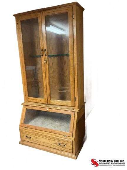 Oak Gun Display Cabinet With Glass Doors