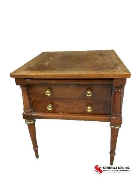 Wooden Two-Drawer Side Table with Brass Pulls