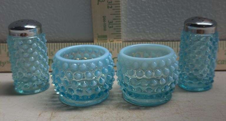 1940’s Fenton Aqua Opalescent Hopnail Condiment Jar & Salt/Pepper Shakers