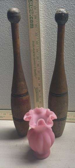 Fenton Flower Vase & Vintage Wooden Bowling Pins