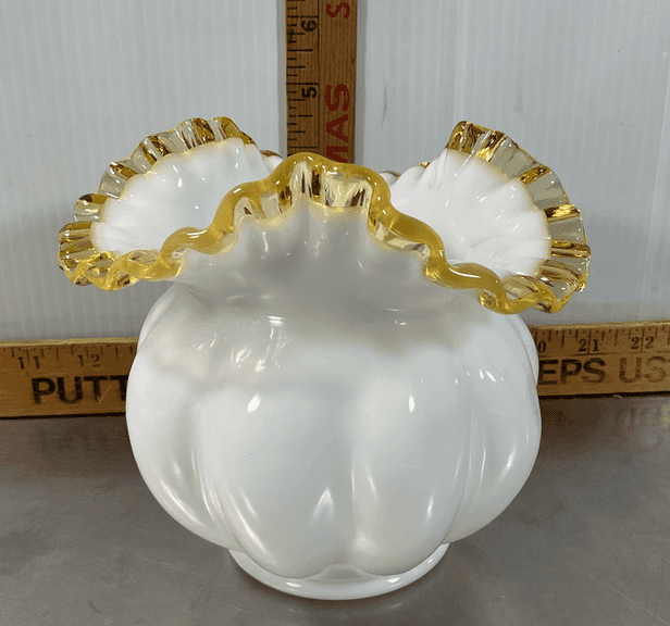 Fenton White Yellow Ruffle Edge Vase