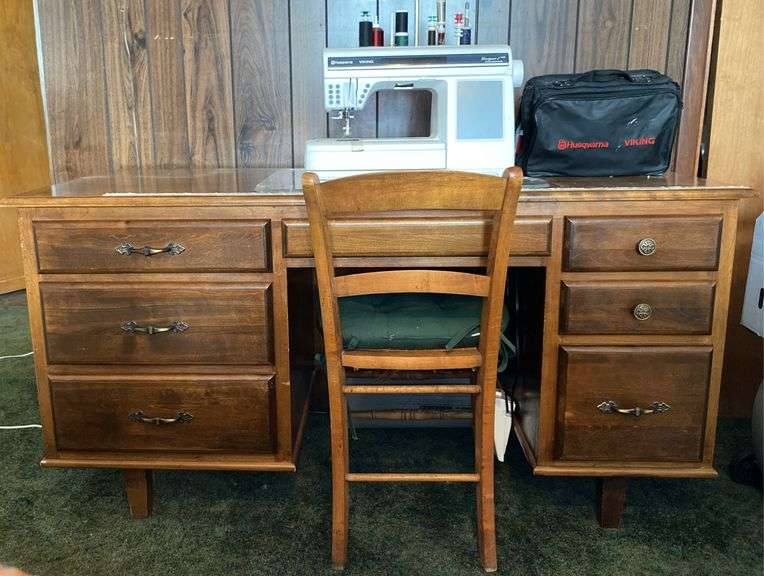 Husqvarna Viking Designer I Sewing Machine, Desk (30”H,58”L,24”D) + Cain Chair (Needs Repair)