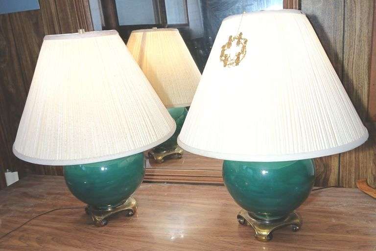 Pair of 23" Tall Teal Glass & Brass Table Lamps