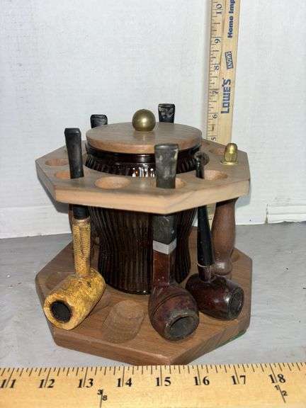 Wood Pipe Holder with Glass Tobacco Jar & Five Vintage Pipes