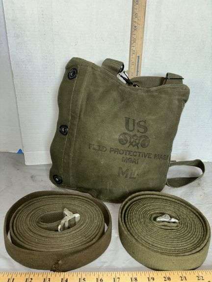 US Military Field Protective Mask Canvas Bag & Two Vintage Military Tie Down Tow Strap Heavy Duty w/