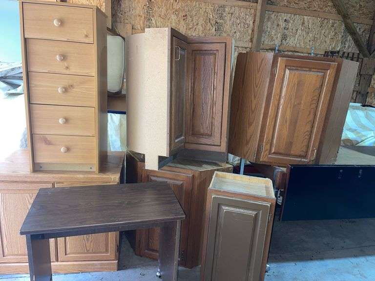 3 Corner Cabinets, 1 Single Cabinet, 2-Door Storage Cabinet & 5 Drawer Dresser- see details