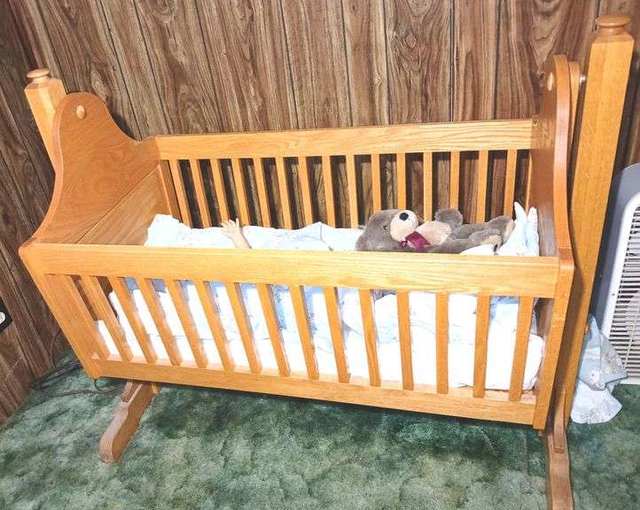 Wooden Cradle 37"×44"×23" + Bedding and Baby Doll