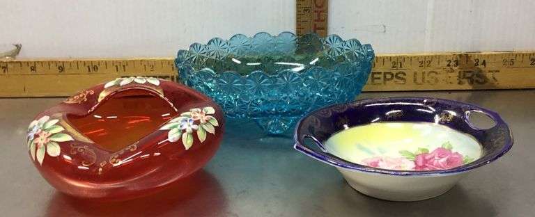 L.E. Smith Footed Bowl, Bohemian Czech Handblown Ashtray and German K&L Bowl