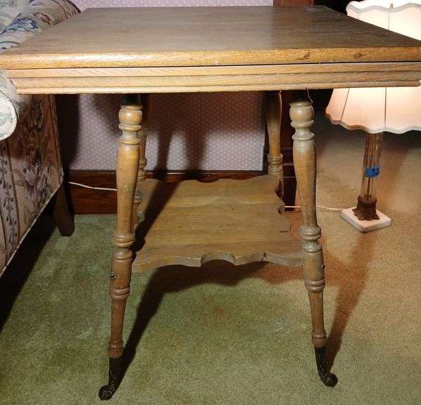 Antique Oak Parlor Table with Metal Ball and Claw Feet 29"T×24"×24"