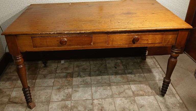 Antique Oak Console Table with Two Drawers and Turned Legs ( two legs need wheels added) 31"×53"×29"