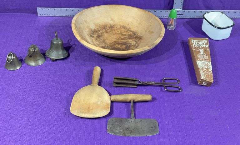 Brass Bells, Wood Mixing Bowl & Tools, Corn Stripper & More