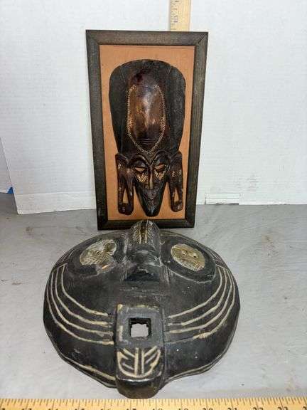 African Mask Ghana Round Black Gold 12” Tall & Hand Carved Decorative Wooden Mask