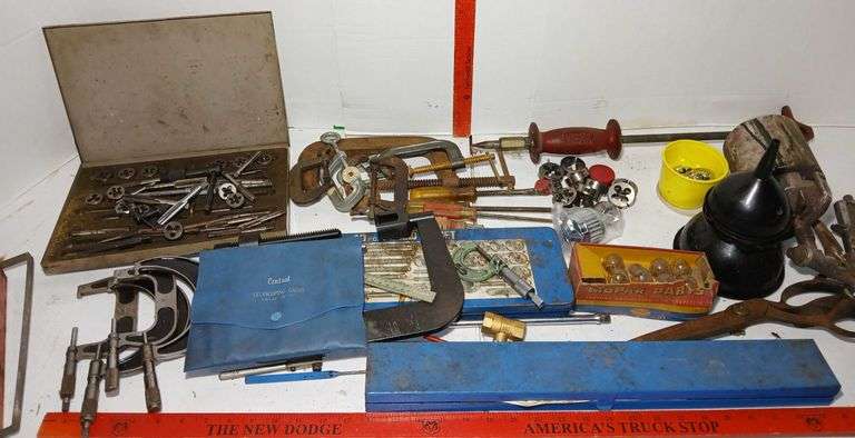 OD Micrometers,  Valve Spring Compression Tool,  C-Clamps, Tap and Die Set + Misc Tools