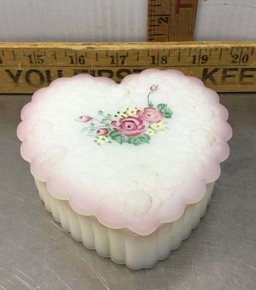 Fenton Hand Painted Double Heart Rose Garden Trinket Dish
