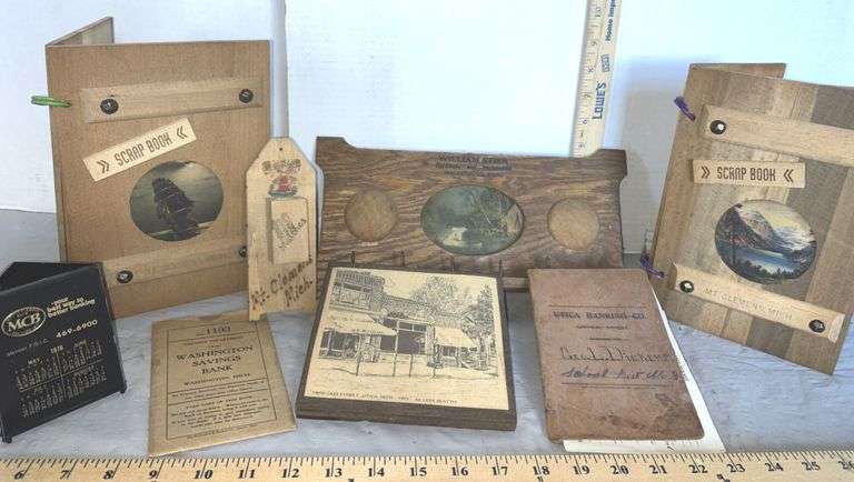Mt. Clemens Wood Scrap Books, Matches Holder, Utica, Michigan Bank Book, Washington Savings Bank Boo