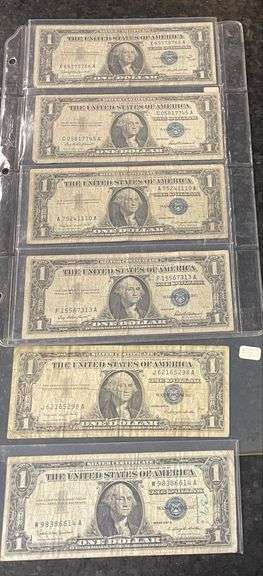 6- 1957, 1957 A & 1957 B Blue Seal $1 Silver Certificates
