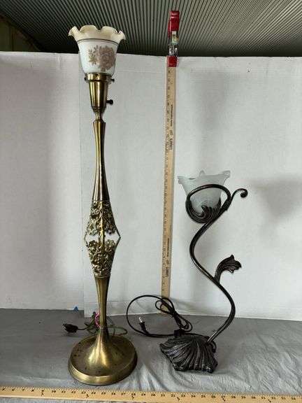 Art Nouveau Metal Flower Form Table Lamp & Rembrandt Brass Table Lamp 35” T